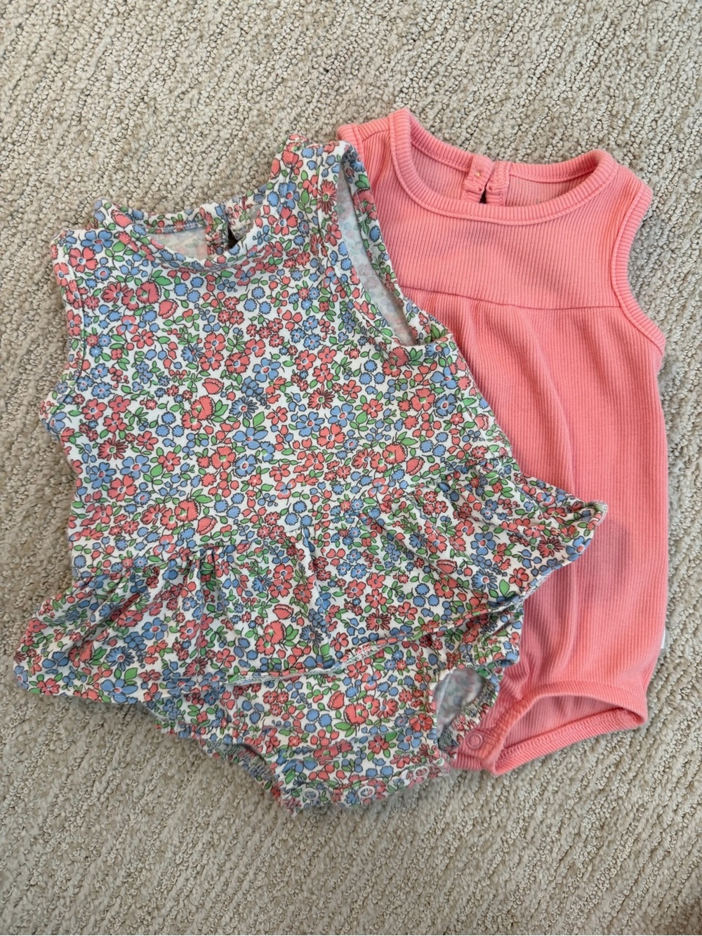 Floral Peplum Baby Romper & Coral Pink Ribbed Onesie Set